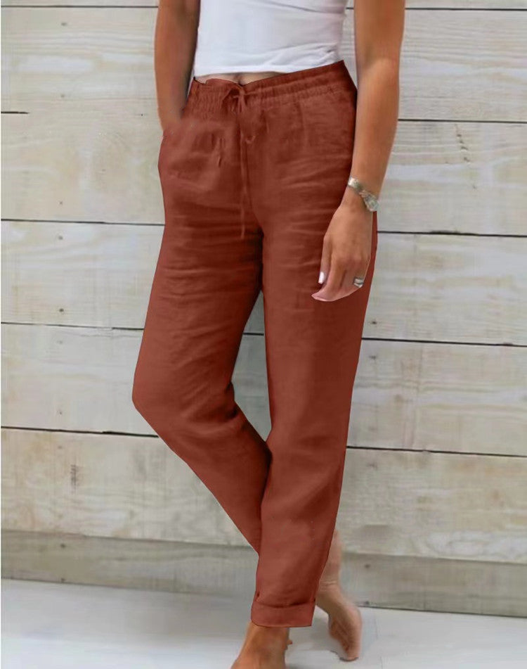 Pantalon Femme Coton & Lin Taille Haute Élastique