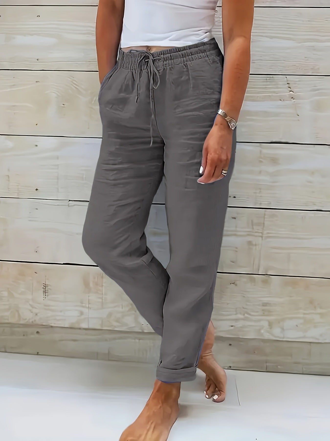 Pantalon Femme Coton & Lin Taille Haute Élastique